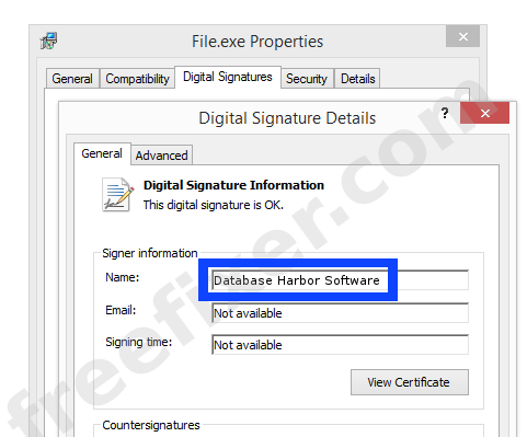 Screenshot of the Database Harbor Software certificate